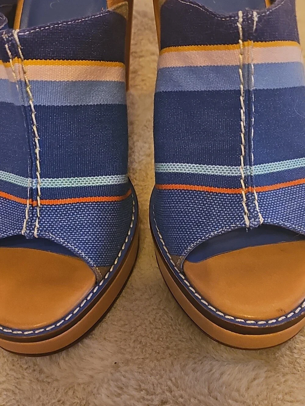 Cole Haan Blue Striped Peep-Toe Platform Heel Sandals.